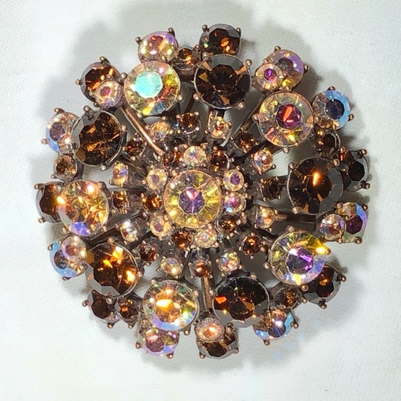 VINTAGE JOAN RIVERS AMBER & AURORA BOREALIS PINK DOME CRYSTAL BROOCH - Picture 15 of 16